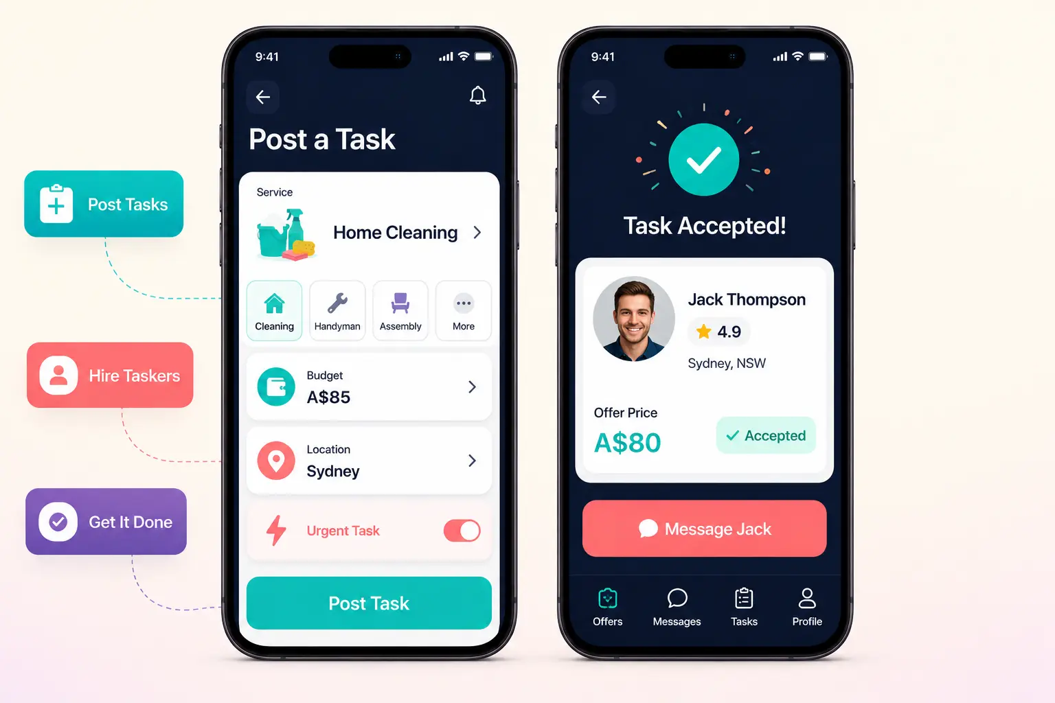 Airtasker clone mobile app mockup by Xpertz.io