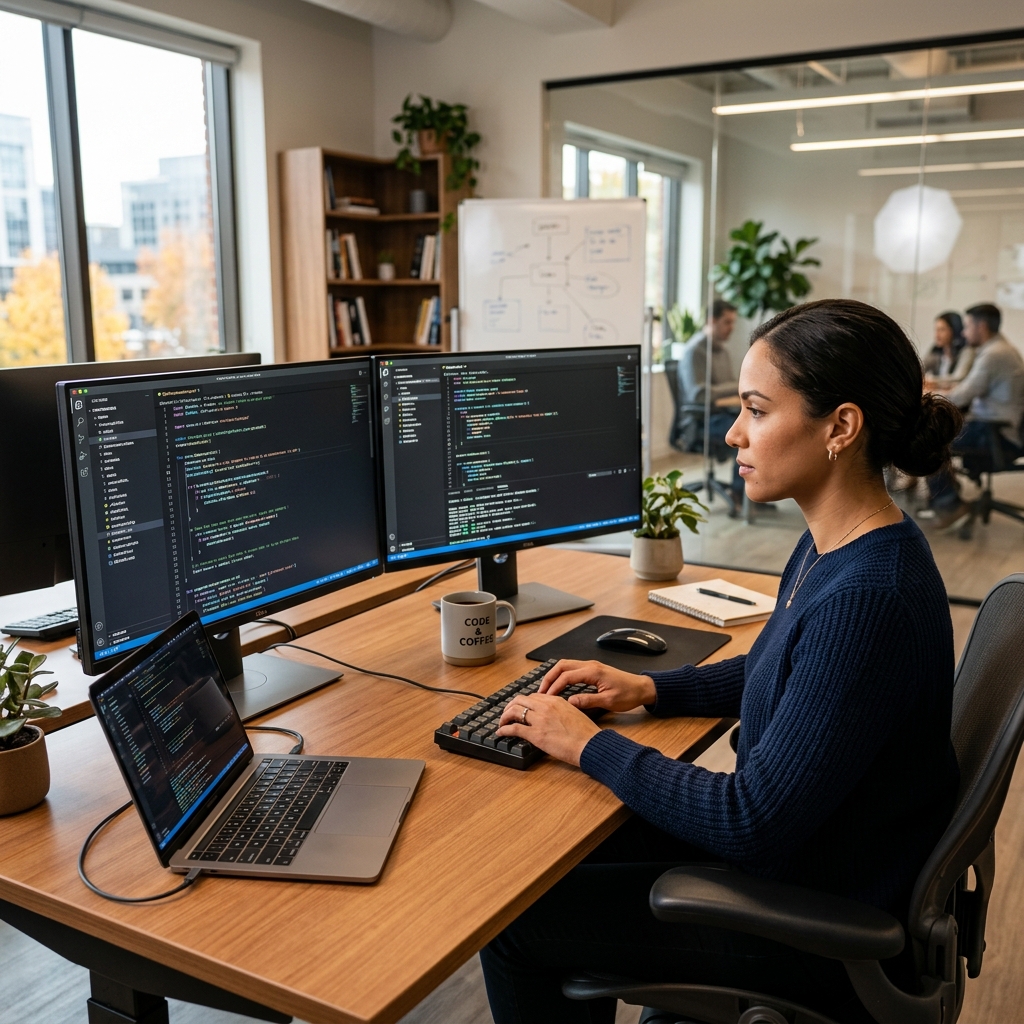 Developer working at desk with dual monitors
