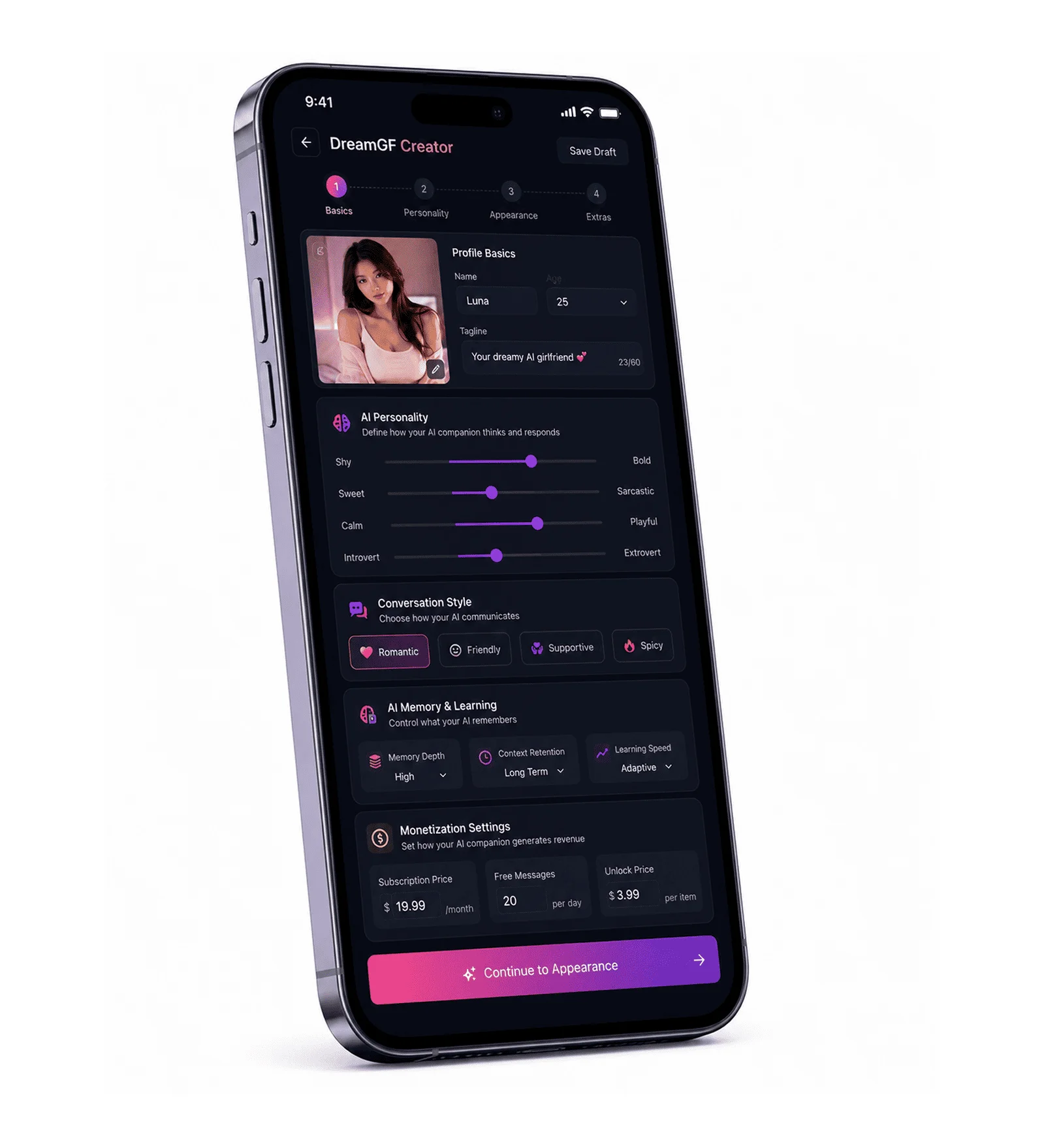 DreamGF Clone App Personality Builder Interface