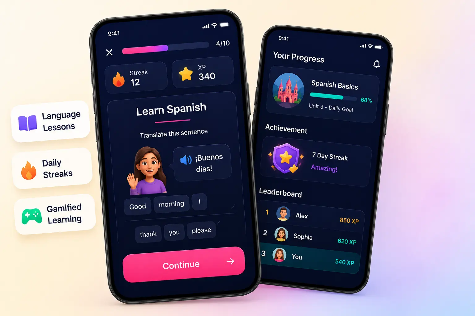 Duolingo clone mobile app interface by Xpertz.io