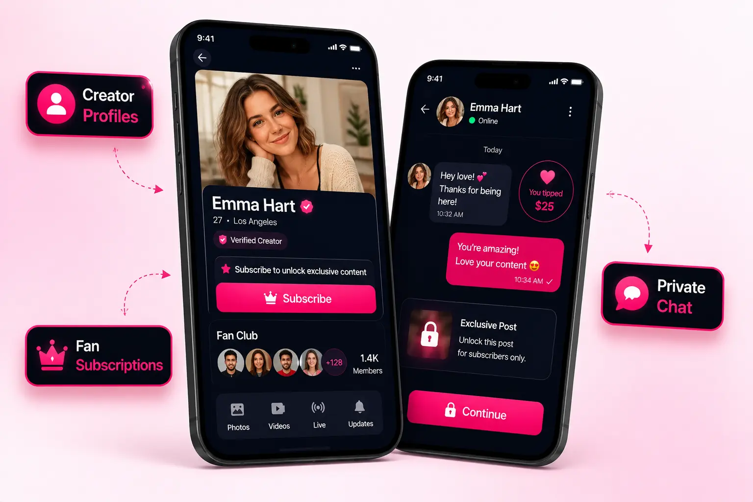 LoyalFans clone mobile app interface Xpertz.io