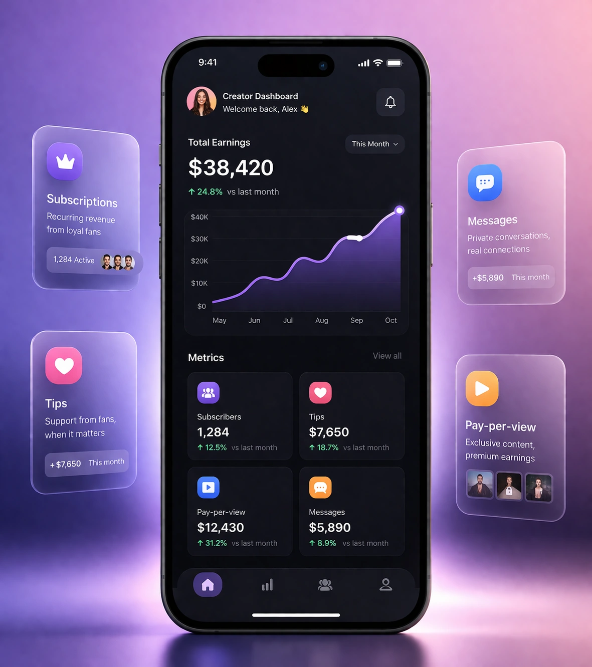 OnlyFans clone creator dashboard in mobile view