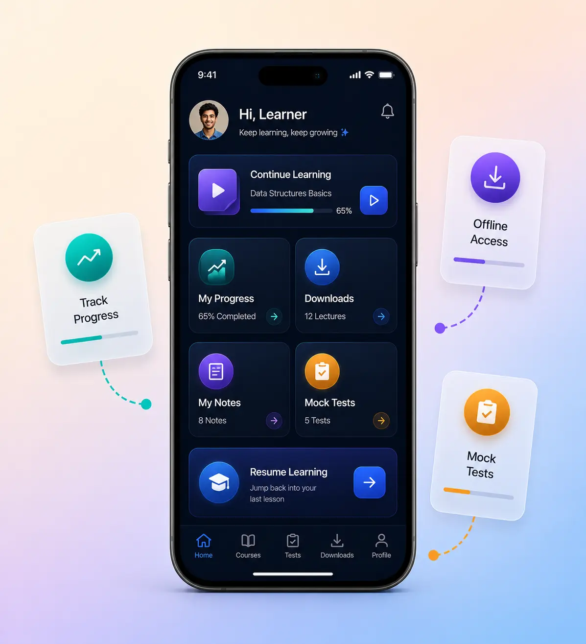 Unacademy clone learner features dashboard